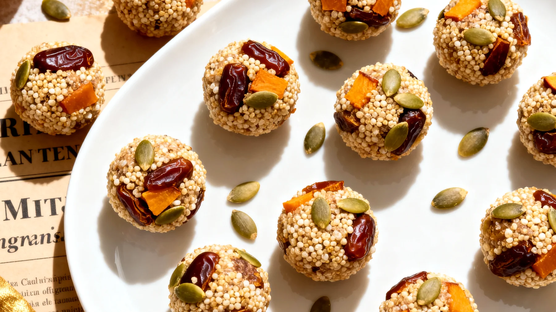 Boulettes d'amarante soufflé aux dattes et graines de courge"