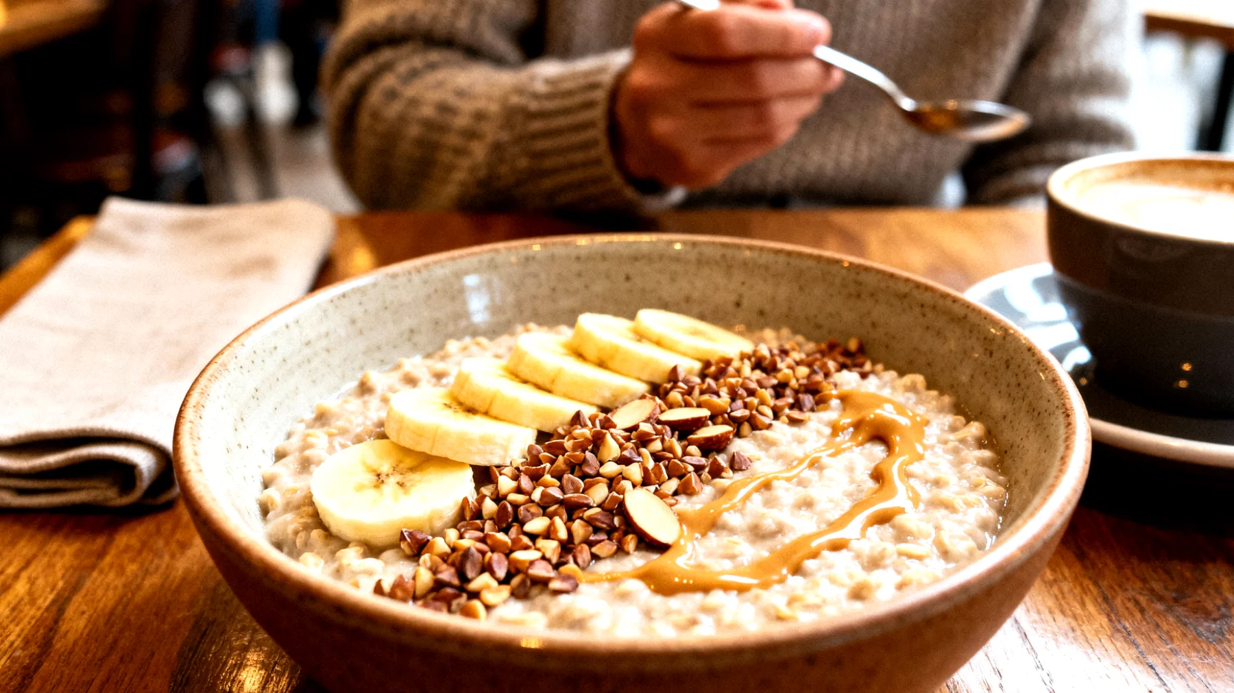 Porridge d'avoine au sarrasin grillé avec banane et beurre d'amande"