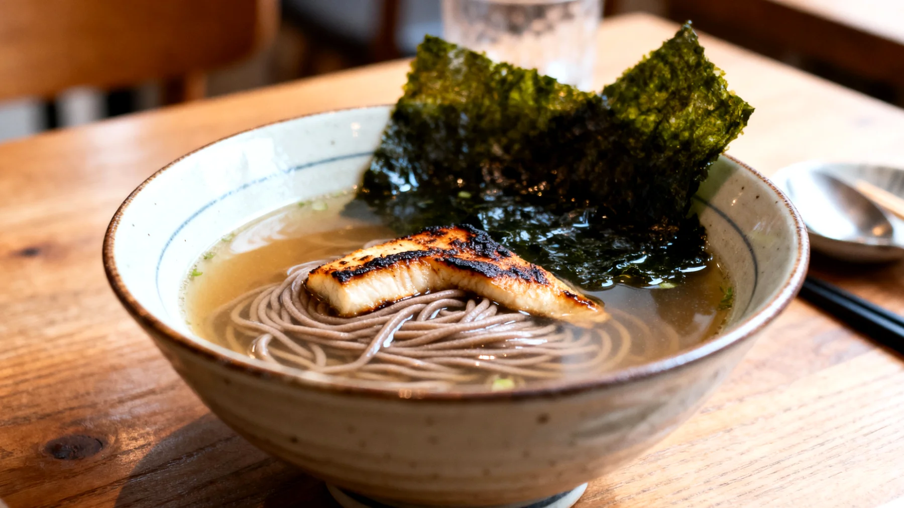 Soupe miso au sarrasin grillé (soba) et algue wakame"