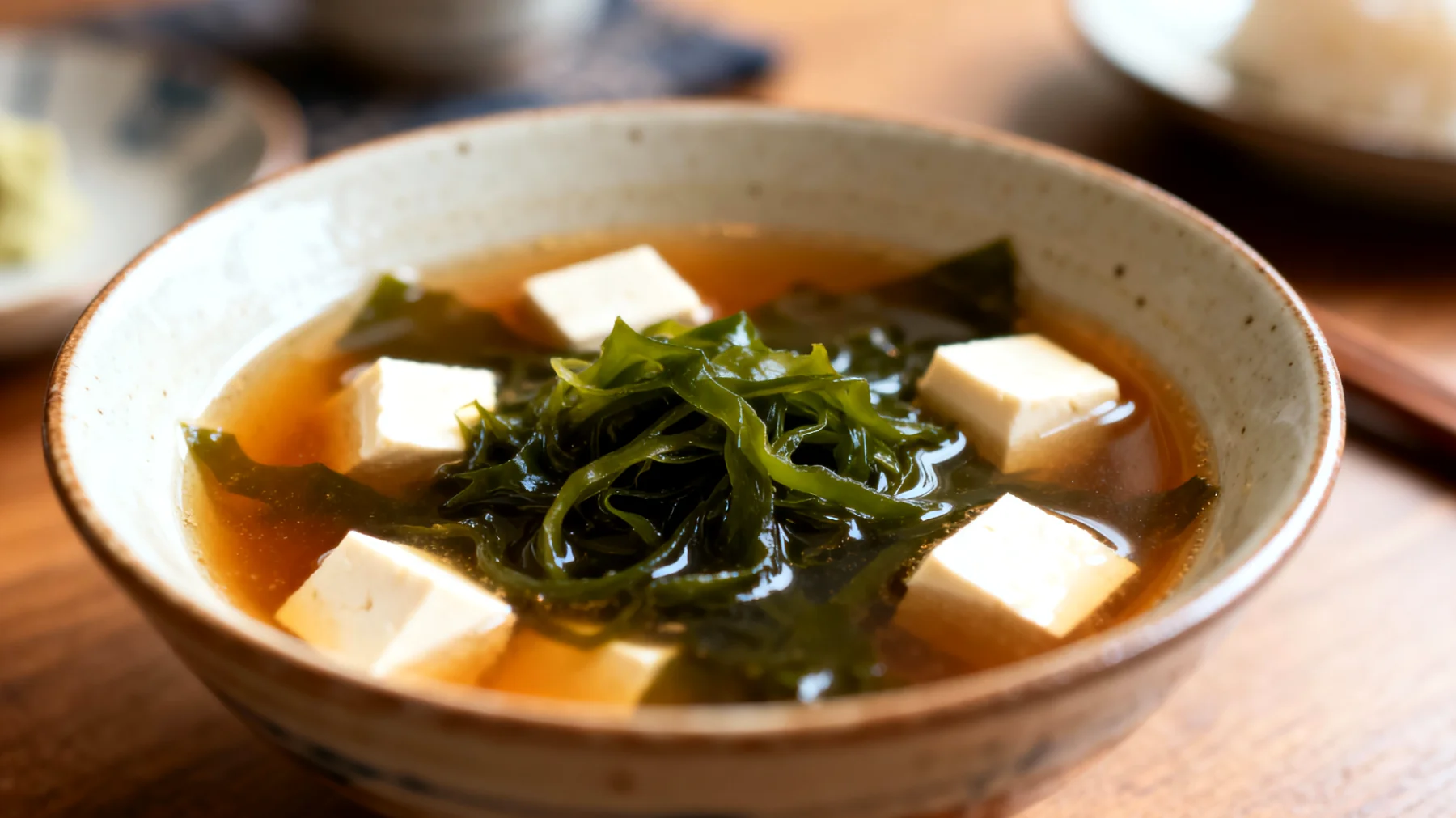 Soupe miso aux algues wakame et tofu soyeux"