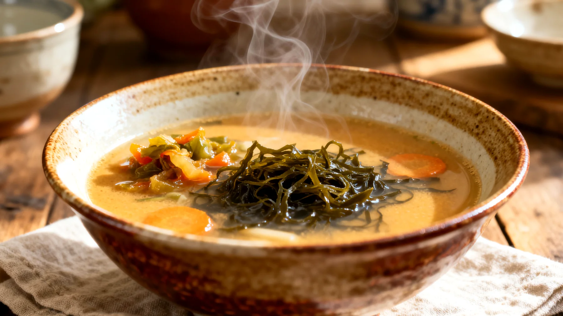 Soupe miso aux légumes fermentés et algue wakame"